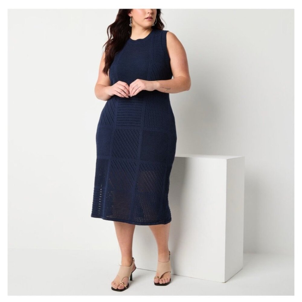 Worthington Womens Plus Sleeveless Midi Sweater Dress 1X  Navy Blue  Knit Slit